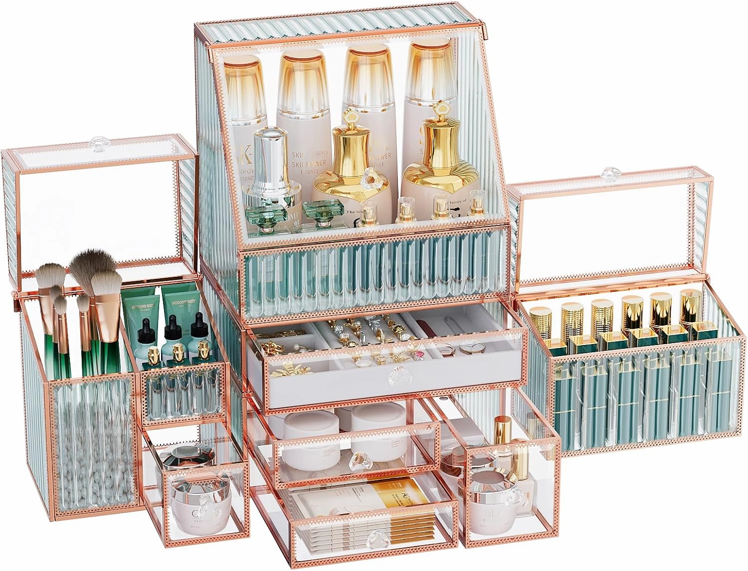 Large Makeup Organizer, Glass Cosmetic Storage with Drawers, Stackable Makeup and Jewelry Organizer for Vanity Table, Bathroom Countertop, Skincare, Lipsticks, Perfume, Brushes