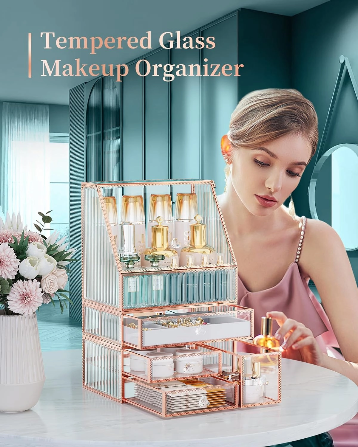 Large Makeup Organizer, Glass Cosmetic Storage with Drawers, Stackable Makeup and Jewelry Organizer for Vanity Table, Bathroom Countertop, Skincare, Lipsticks, Perfume, Brushes