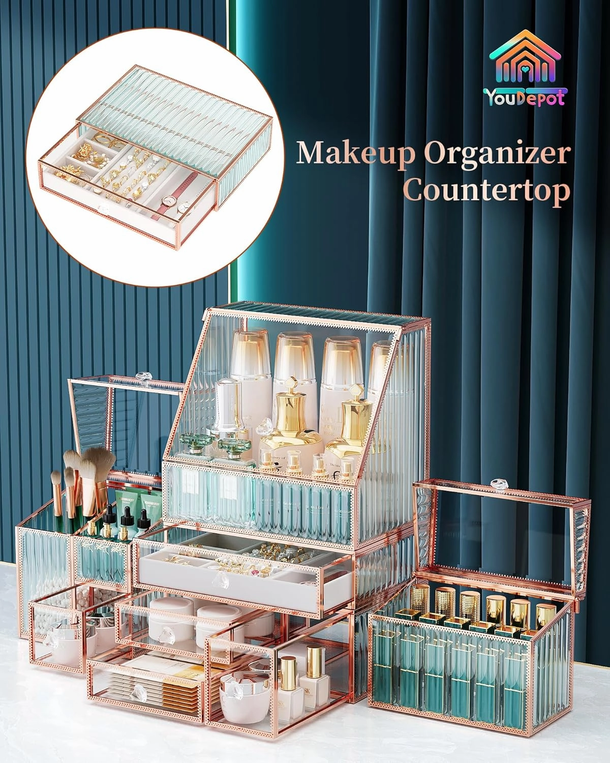 Large Makeup Organizer, Glass Cosmetic Storage with Drawers, Stackable Makeup and Jewelry Organizer for Vanity Table, Bathroom Countertop, Skincare, Lipsticks, Perfume, Brushes