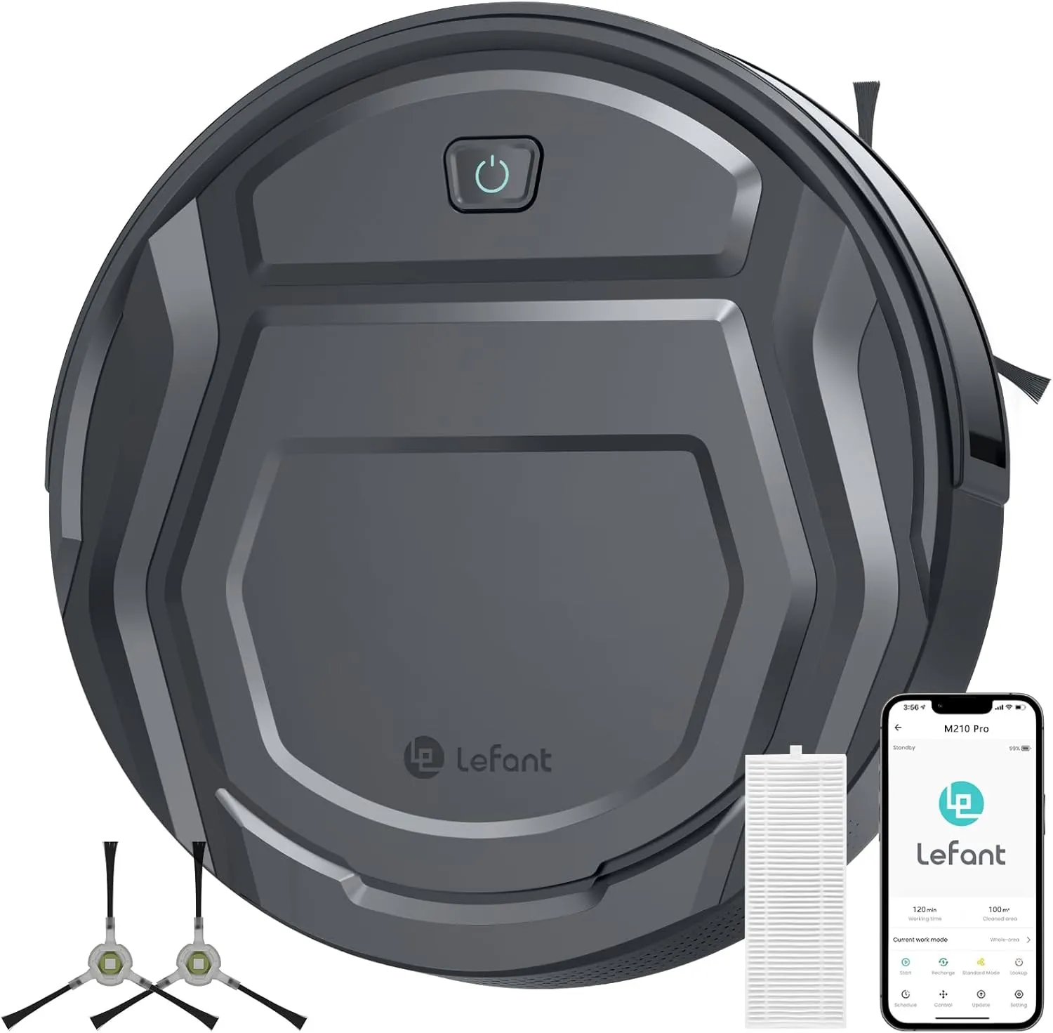 Lefant M210 Pro Robot Vacuum, Slim & Quiet, 3 Adjustable Suction Levels, 120 Min Runtime, Freemove 3.0, WiFi/App/Alexa, 6 Modes for Pet Hair, Hard Floors & Low Carpets, Self-Charging, Gray