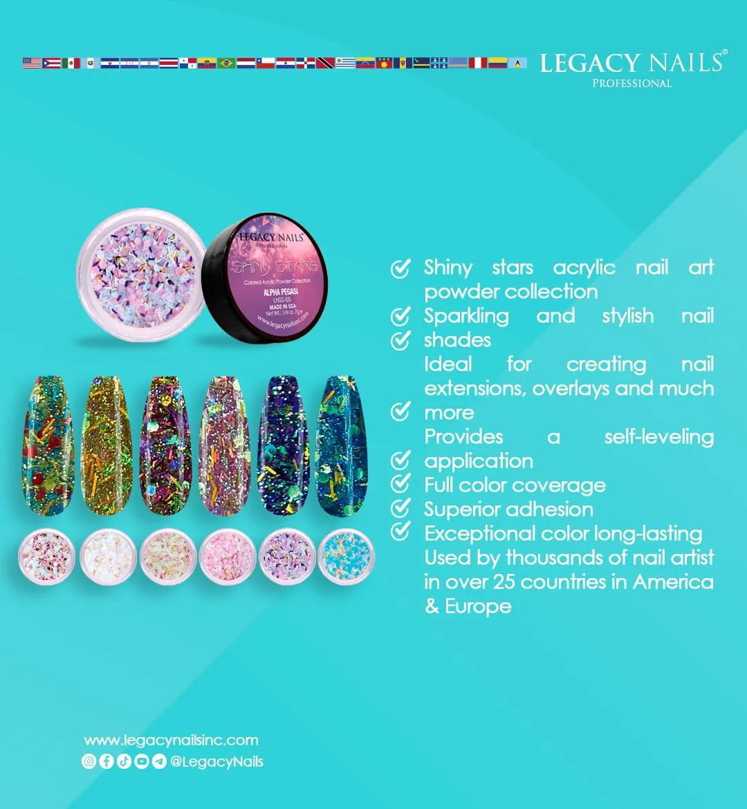 Legacy Nails Professional COLLECTION Acrylic Powder Kit 6 Colors Nail Art Set for Manicure DIY for Dip & Acrylic Nail Extensions (SHINY STARS COLLECTION)