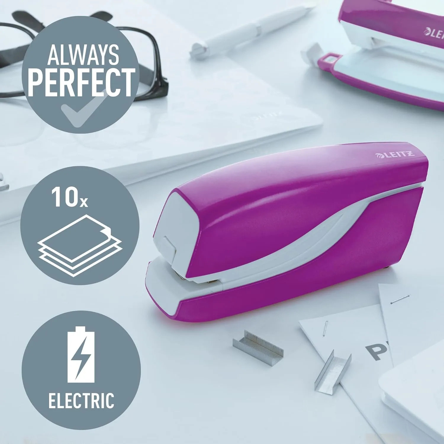 Leitz Electric Stapler, 10 Sheet Capacity, Battery Powered, Wow Range, 55661062 - Purple