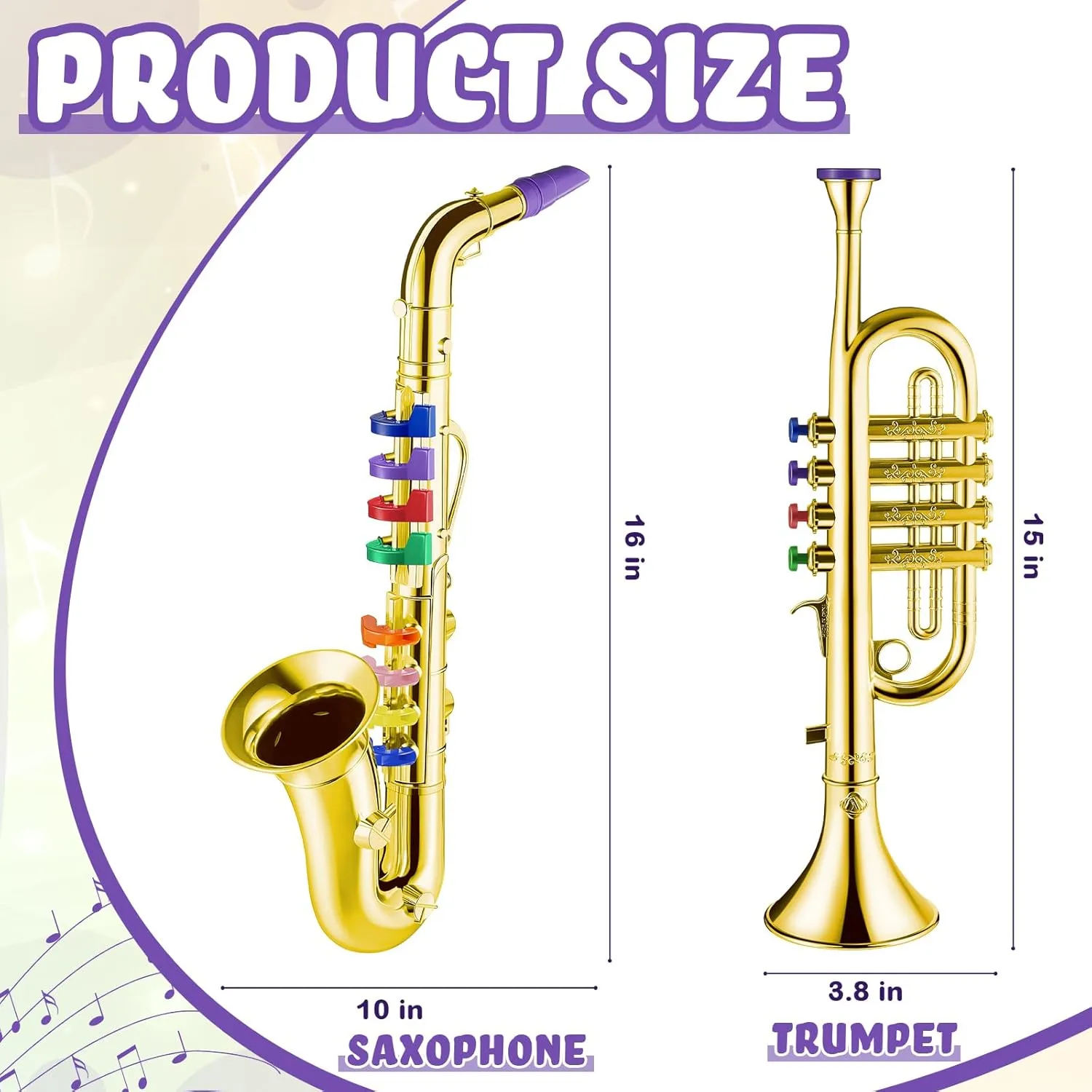 Lewtemi Set of 2 Musical Instruments Include Toy Trumpet and Saxophone Set Plastic Trumpet Educational Toy Home School Music Gift, Color Keys(Gold)