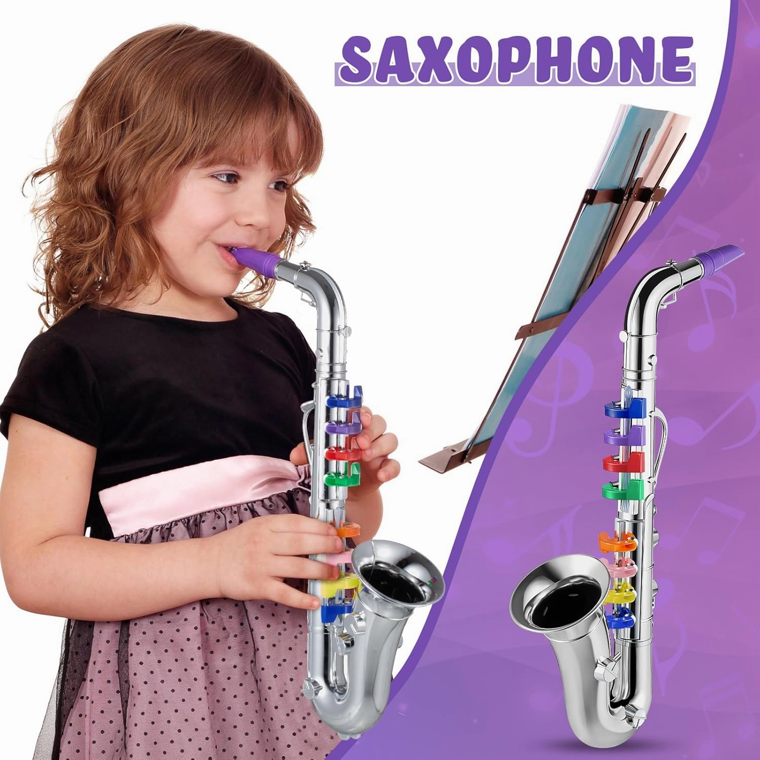 Lewtemi Silver Saxophone Musical Instruments Toy for Kid Toddler Fake Plastic Preschool Music Toy Gift Portable Wind Instrument Early Educational Teaching Songs Toy Gifts for Toddlers Children