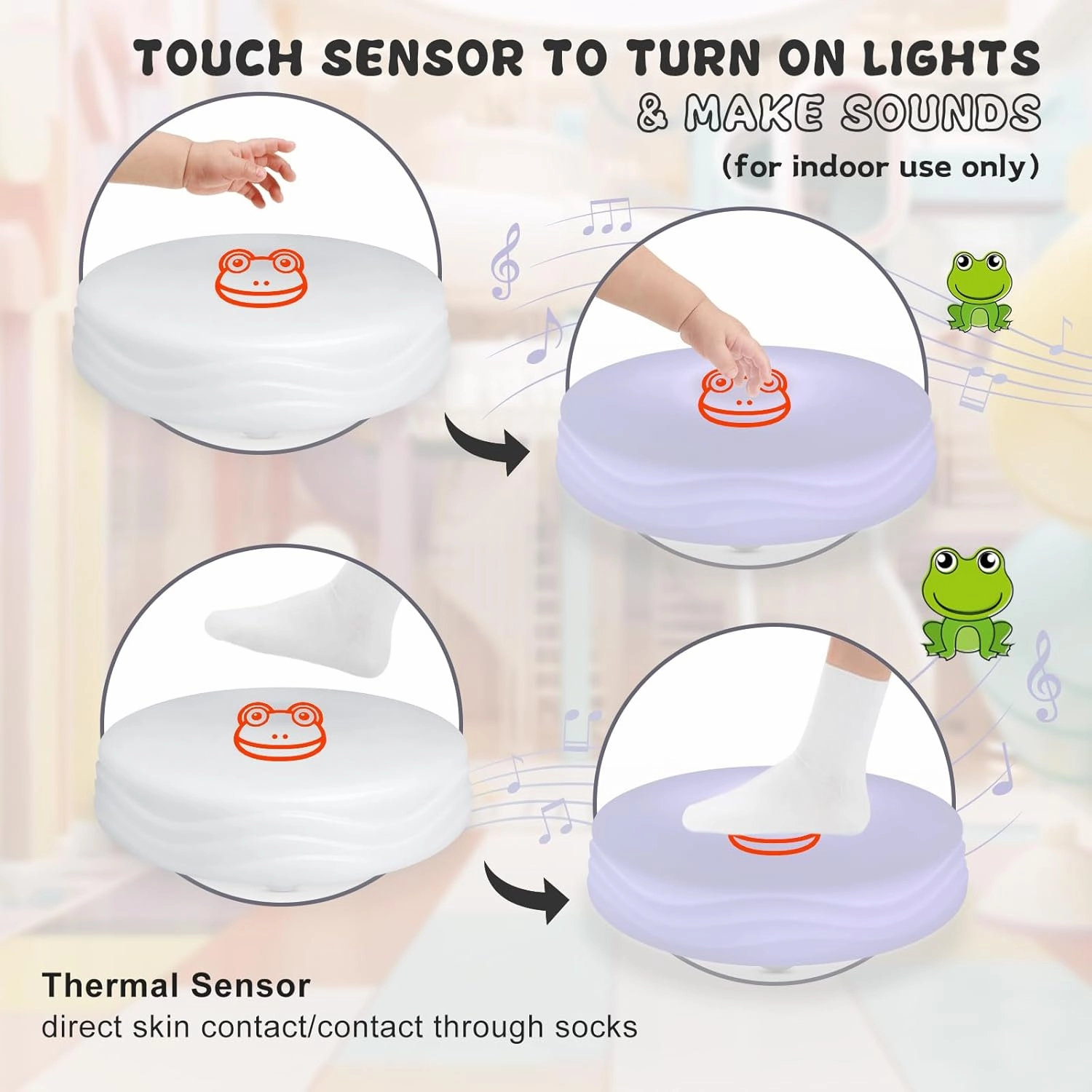 Light Up Music Toys, Touch Sensitive Toddler Toy, LED Floor Tiles Indoor Games, Interactive Animal Sounds Toys for Home, School, Playground - White (Frog)