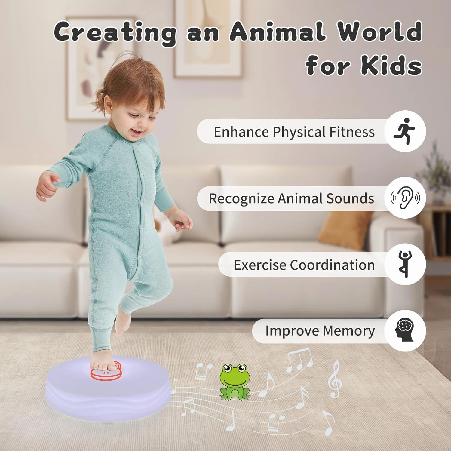 Light Up Music Toys, Touch Sensitive Toddler Toy, LED Floor Tiles Indoor Games, Interactive Animal Sounds Toys for Home, School, Playground - White (Frog)