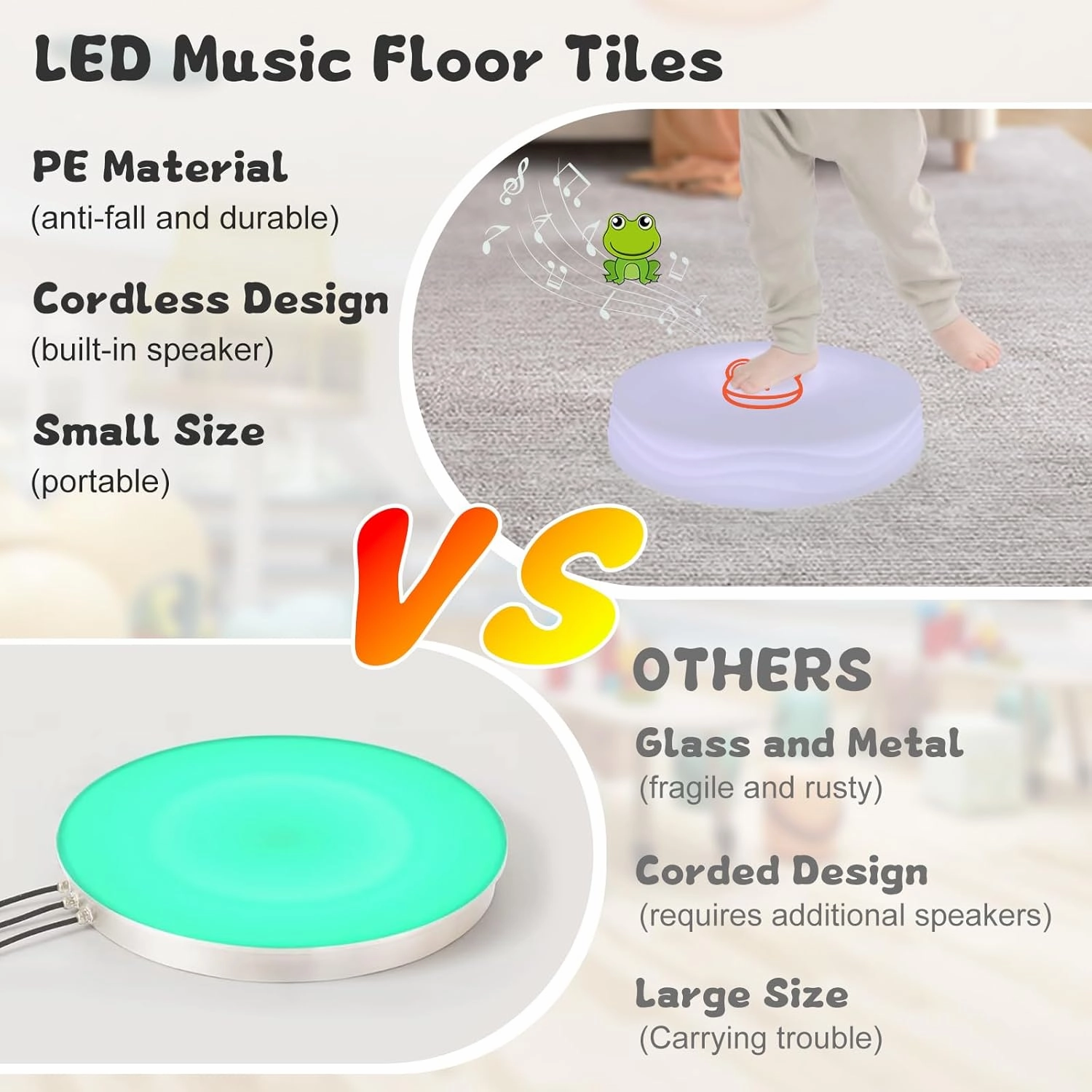 Light Up Music Toys, Touch Sensitive Toddler Toy, LED Floor Tiles Indoor Games, Interactive Animal Sounds Toys for Home, School, Playground - White (Frog)