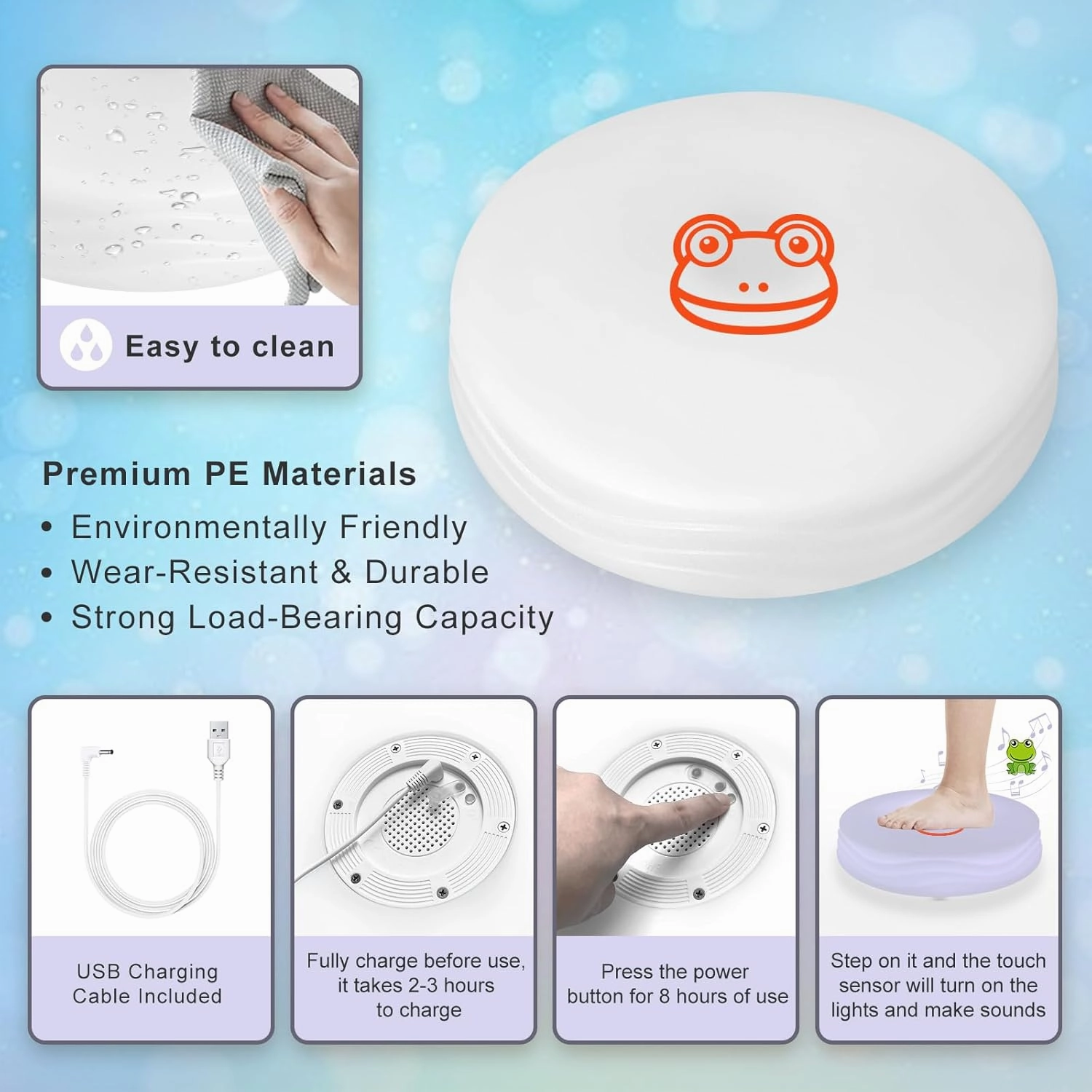 Light Up Music Toys, Touch Sensitive Toddler Toy, LED Floor Tiles Indoor Games, Interactive Animal Sounds Toys for Home, School, Playground - White (Frog)