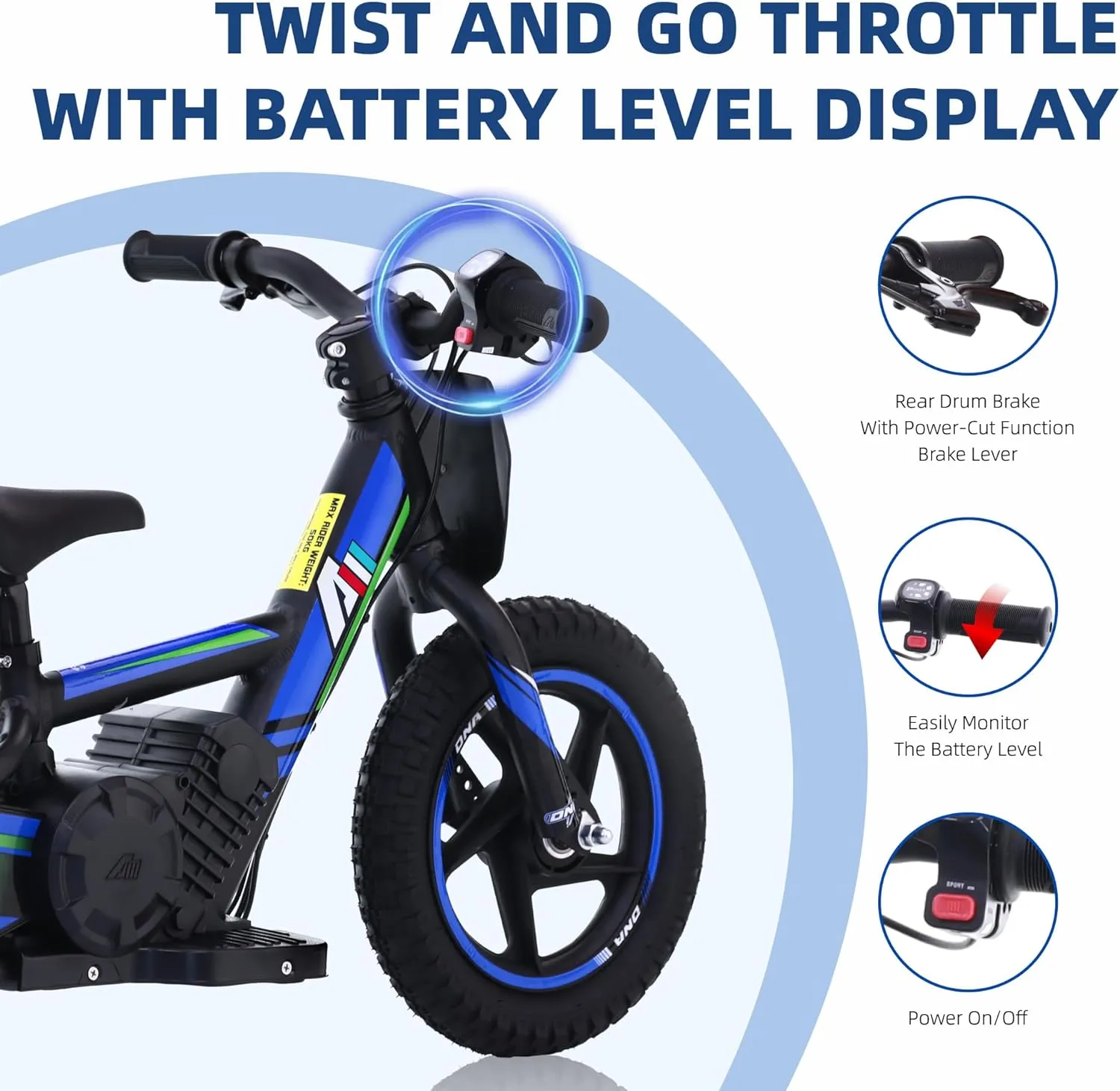 Lightweight Electric Dirt Bike for Kids, 170/340W Electric Motorcycle Up to 10/12MPH, 24V Detachable Battery, Hand-Operated Dual Brakes Electric Balance Bike for Ages 3-6/5-12