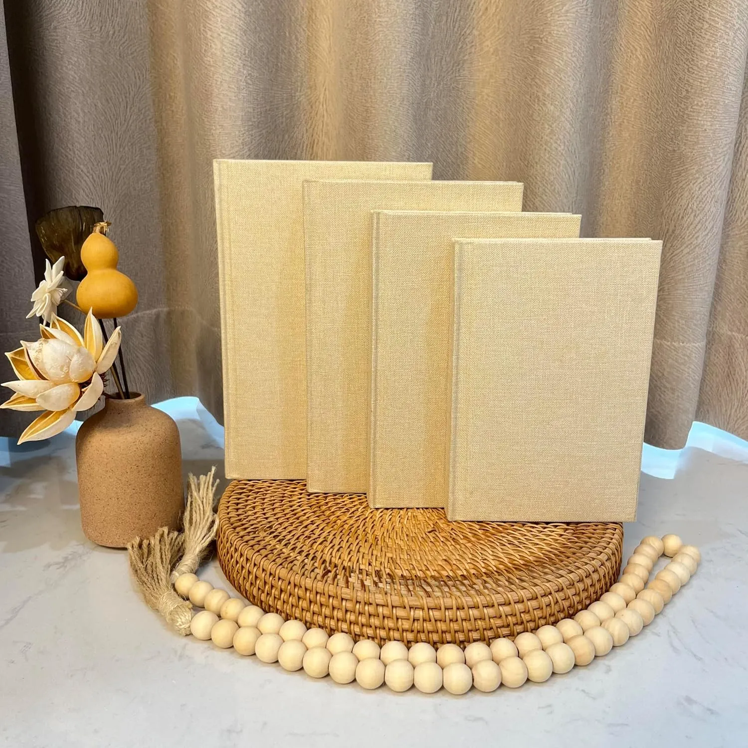 Linen Covered Decorative Books 4 Pieces, Neutral Home Decor Coffee Table Books with Wooden Beaded Tassel, Stacked Books for Rustic Farmhouse Modern, Boho, Bookshelf, Fireplace Mantel Décor, Beige