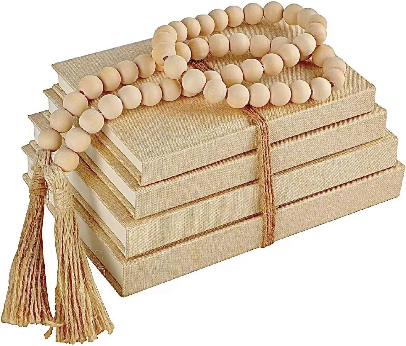 Linen Covered Decorative Books 4 Pieces, Neutral Home Decor Coffee Table Books with Wooden Beaded Tassel, Stacked Books for Rustic Farmhouse Modern, Boho, Bookshelf, Fireplace Mantel Décor, Beige