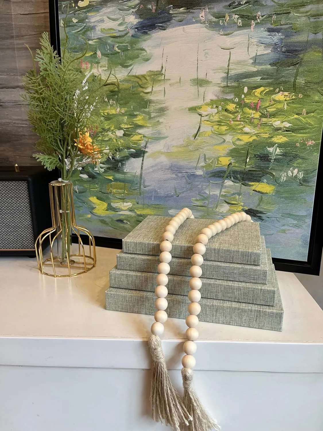 Linen Covered Decorative Books 4 Pieces, Neutral Home Decor Coffee Table Books with Wooden Beaded Tassel, Stacked Books for Rustic Farmhouse Modern, Boho, Bookshelf, Fireplace Mantel Décor, Sage