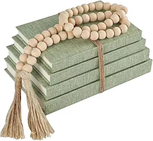 Linen Covered Decorative Books 4 Pieces, Neutral Home Decor Coffee Table Books with Wooden Beaded Tassel, Stacked Books for Rustic Farmhouse Modern, Boho, Bookshelf, Fireplace Mantel Décor, Sage
