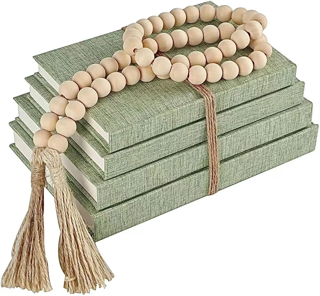 Linen Covered Decorative Books 4 Pieces, Neutral Home Decor Coffee Table Books with Wooden Beaded Tassel, Stacked Books for Rustic Farmhouse Modern, Boho, Bookshelf, Fireplace Mantel Décor, Sage