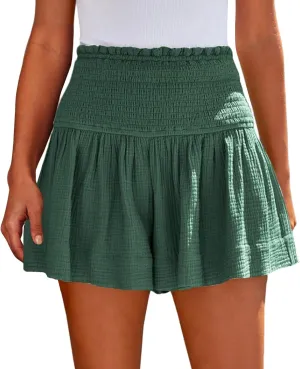 Linen Shorts for Women Smocked Elastic High Waisted Butterfly Flowy Shorts Summer Casual Ruffle Hem Linen Pants