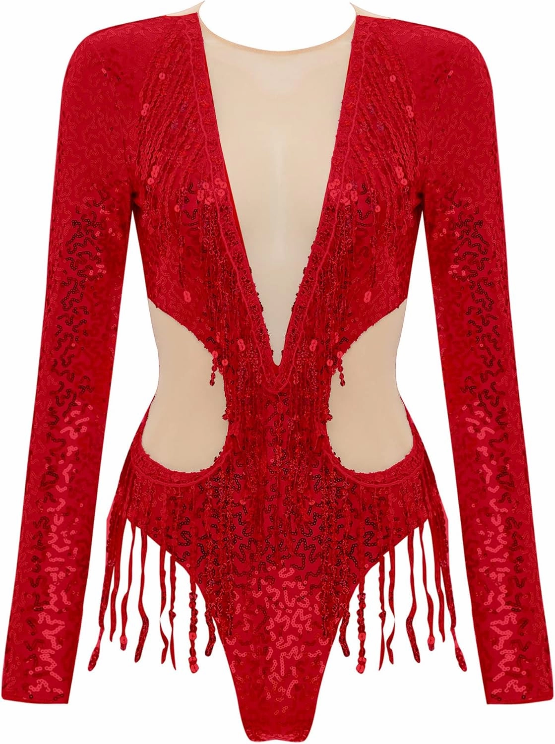 Linjinx Women's Shiny Sequins Tassel Dance Leotard Bodysuit Ballroom Samba Tango Dance Costume