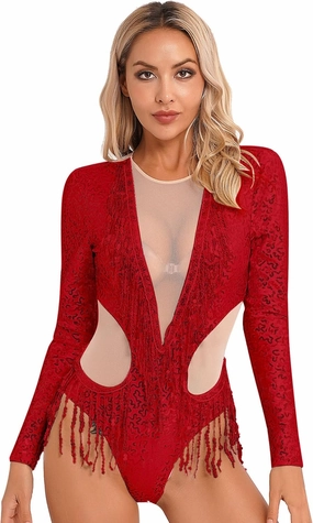 Linjinx Women's Shiny Sequins Tassel Dance Leotard Bodysuit Ballroom Samba Tango Dance Costume
