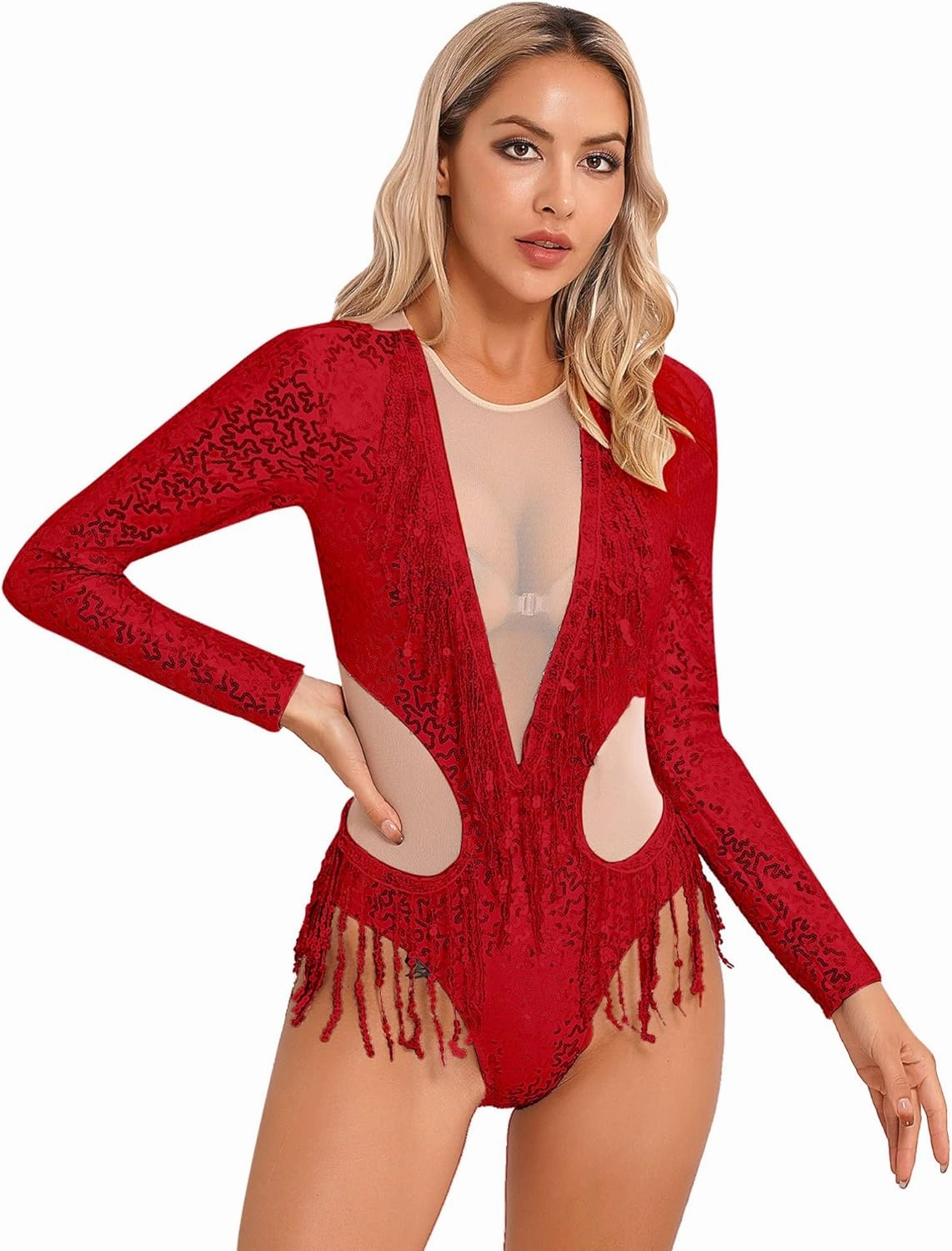 Linjinx Women's Shiny Sequins Tassel Dance Leotard Bodysuit Ballroom Samba Tango Dance Costume