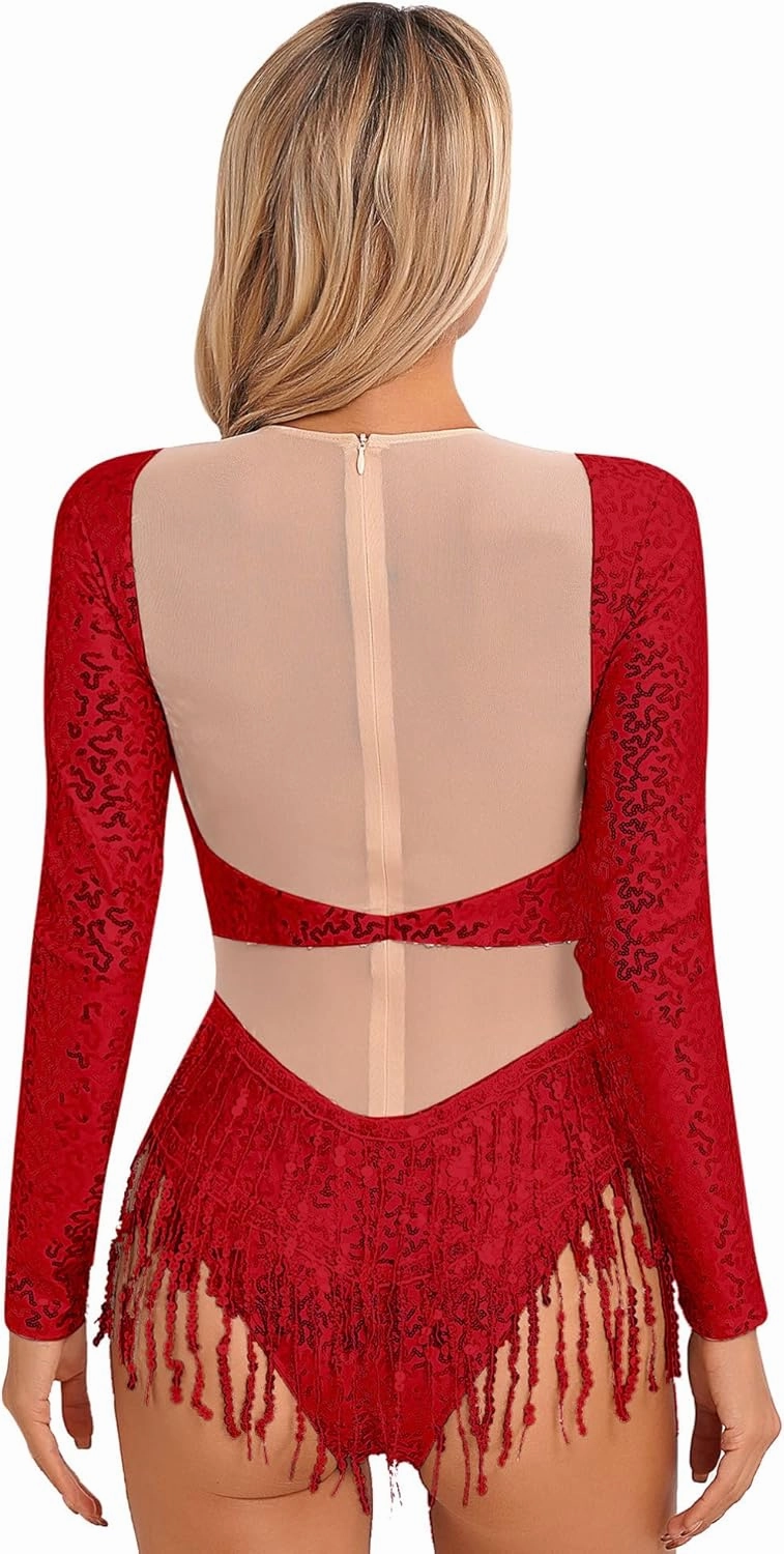 Linjinx Women's Shiny Sequins Tassel Dance Leotard Bodysuit Ballroom Samba Tango Dance Costume