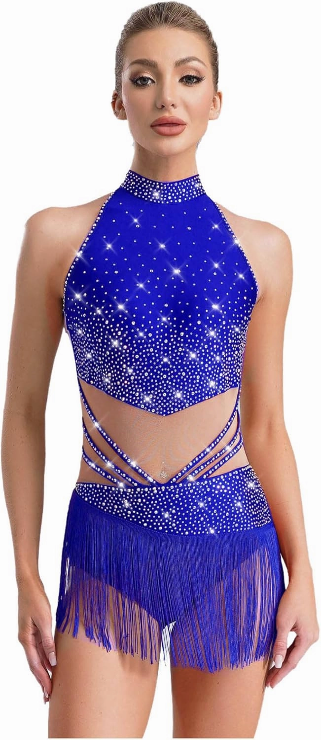 Linjinx Womens Latin Dance Leotard Figure Skating Cha-cha Samba Tango Costume Rhinestones Tassel Bodysuit