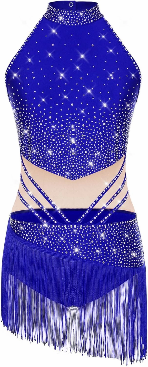 Linjinx Womens Latin Dance Leotard Figure Skating Cha-cha Samba Tango Costume Rhinestones Tassel Bodysuit