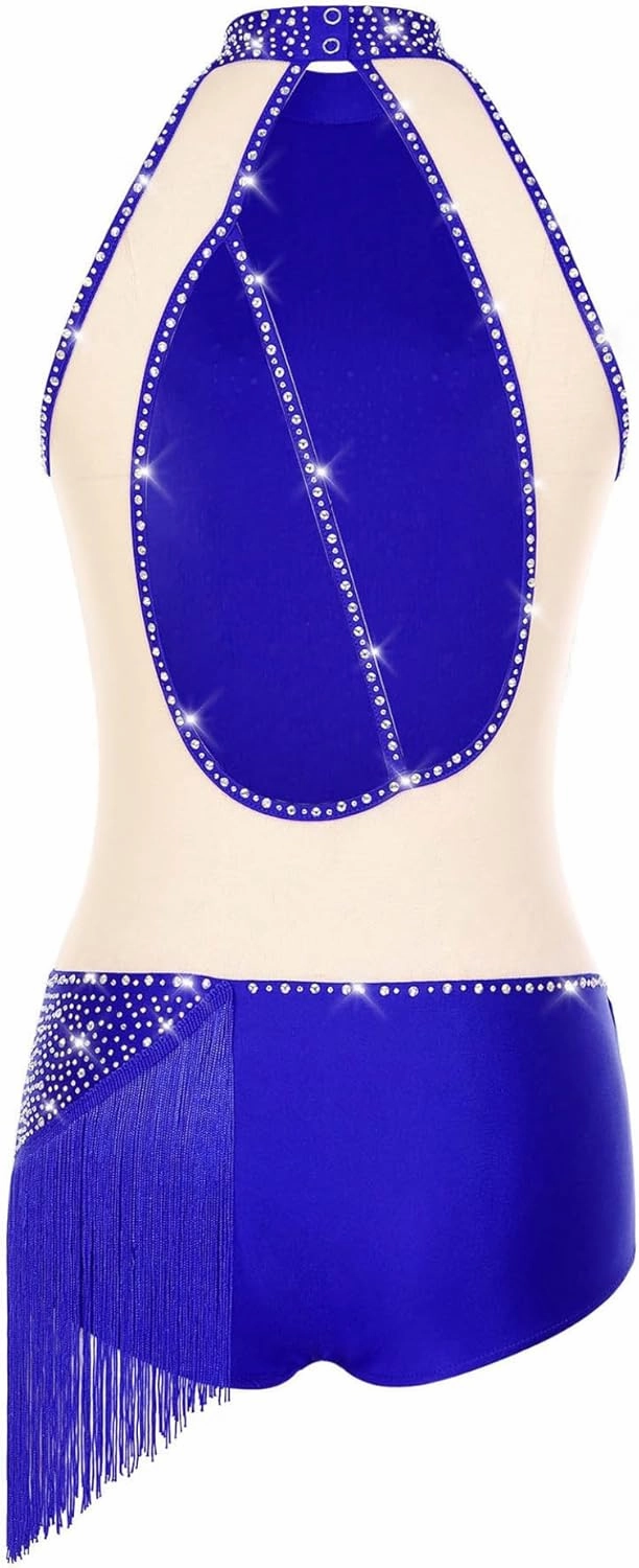 Linjinx Womens Latin Dance Leotard Figure Skating Cha-cha Samba Tango Costume Rhinestones Tassel Bodysuit