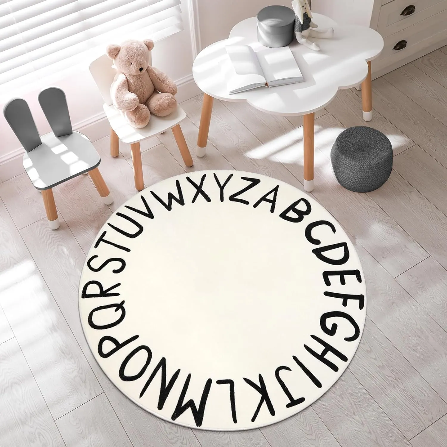 LIVEBOX ABC Play Room Kids Round Rug for Bedroom, Washable Nursery Rug for Baby, Circle Area Rug for Playroom, Small Toddler Rug Educational Crawling Mat for School Classroom(40",Black)