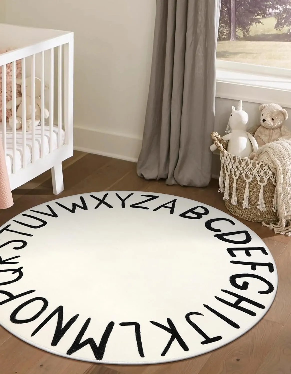 LIVEBOX ABC Play Room Kids Round Rug for Bedroom, Washable Nursery Rug for Baby, Circle Area Rug for Playroom, Small Toddler Rug Educational Crawling Mat for School Classroom(40",Black)