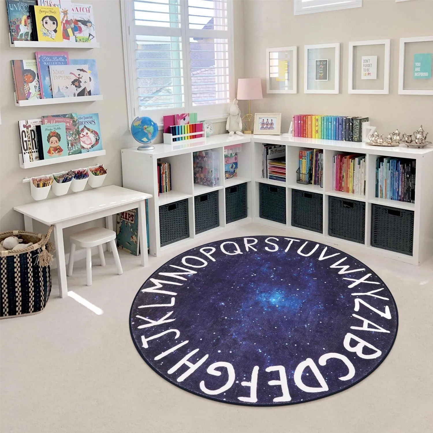 LIVEBOX Kids Rug, Round Alphabet Washable Rug for Kids Room, Star Blue, 40"