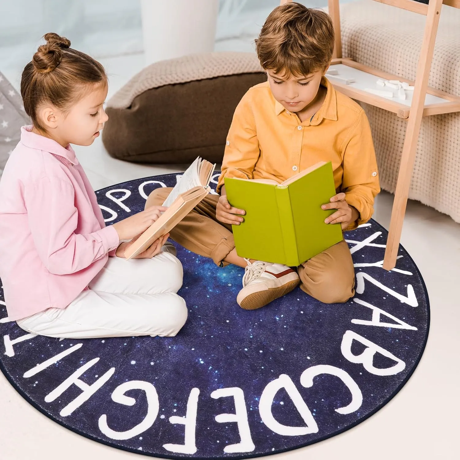 LIVEBOX Kids Rug, Round Alphabet Washable Rug for Kids Room, Star Blue, 40"