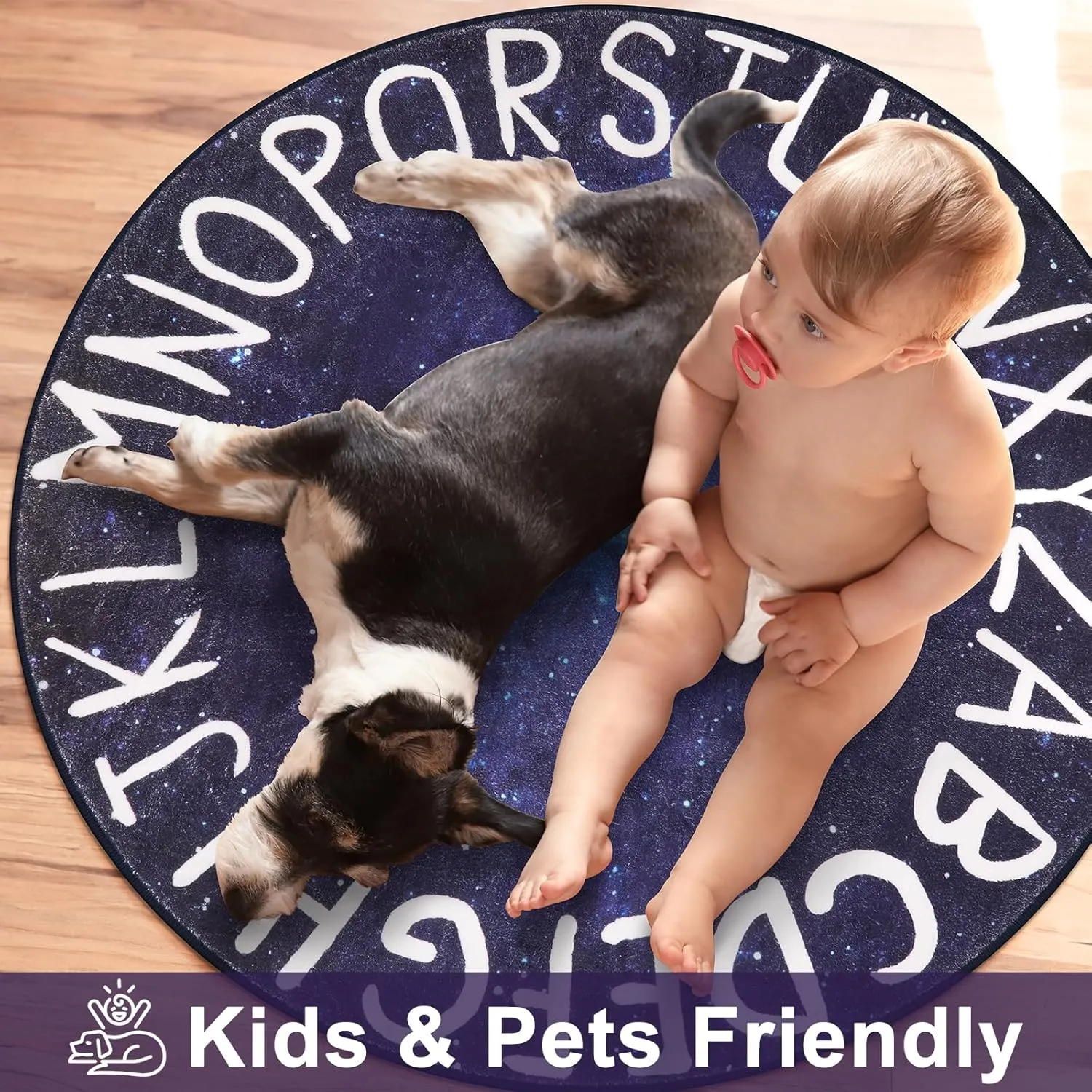 LIVEBOX Kids Rug, Round Alphabet Washable Rug for Kids Room, Star Blue, 40"