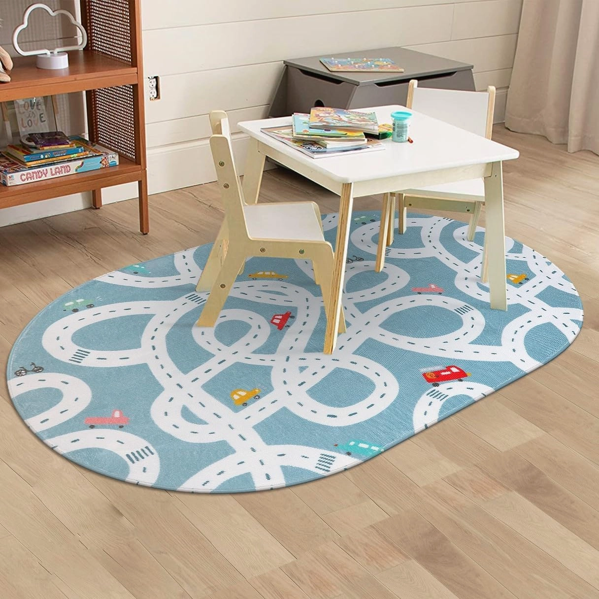 LIVEBOX Large Washable Kids Rug, 4'x6' Non-Slip Car Road Rug for Playroom, Fun Kids Room Rugs for Bedroom, Blue Road Carpet Indoor Kids Play Mat for Toy Room Toddler Room Classroom