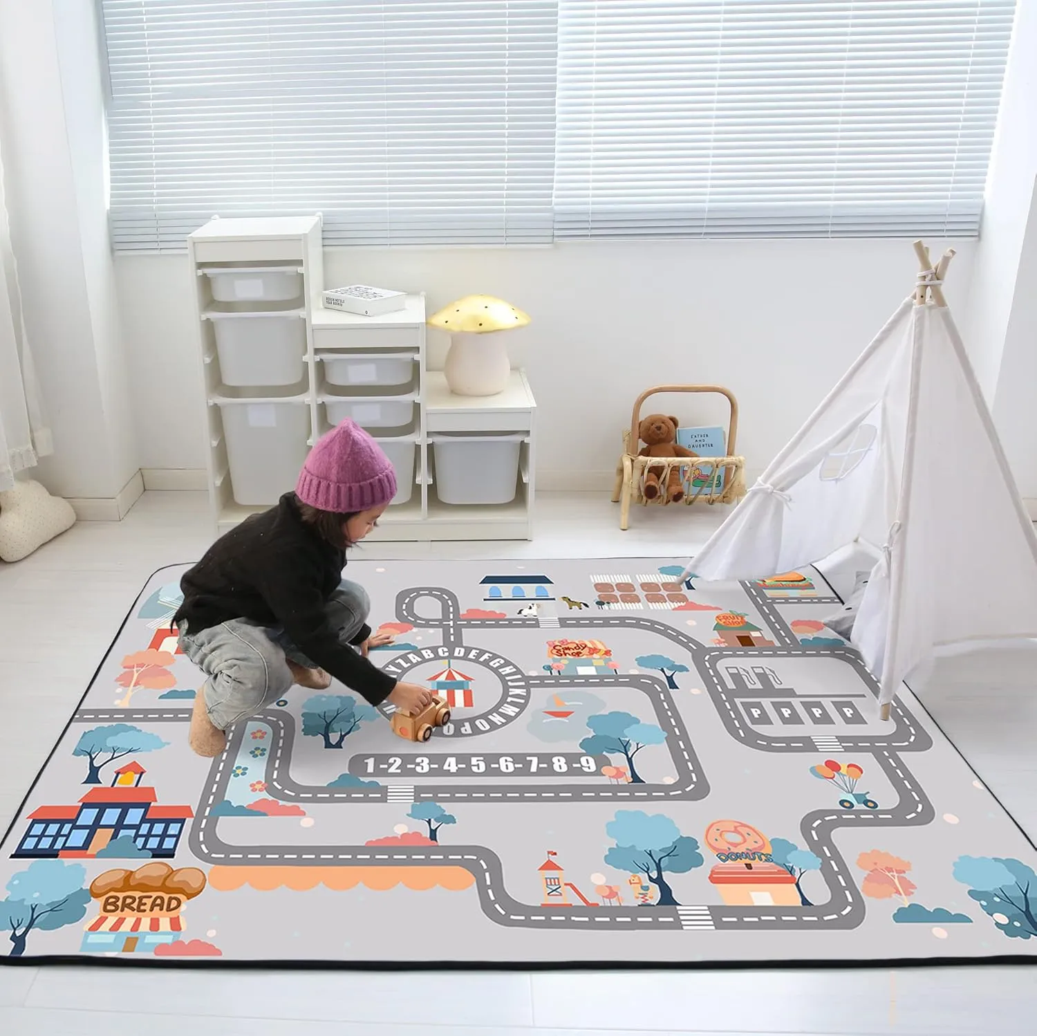 Loartee Soft Kids Educational Rug - 0.78" Thick Road Rug, ABC Alphabet & Numbers Play Mat for Toddlers, Game Area Rug, Baby Crawling Mats, Sweet Life, Gray