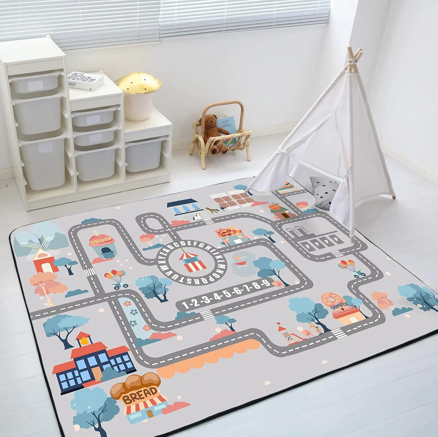 Loartee Soft Kids Educational Rug - 0.78" Thick Road Rug, ABC Alphabet & Numbers Play Mat for Toddlers, Game Area Rug, Baby Crawling Mats, Sweet Life, Gray