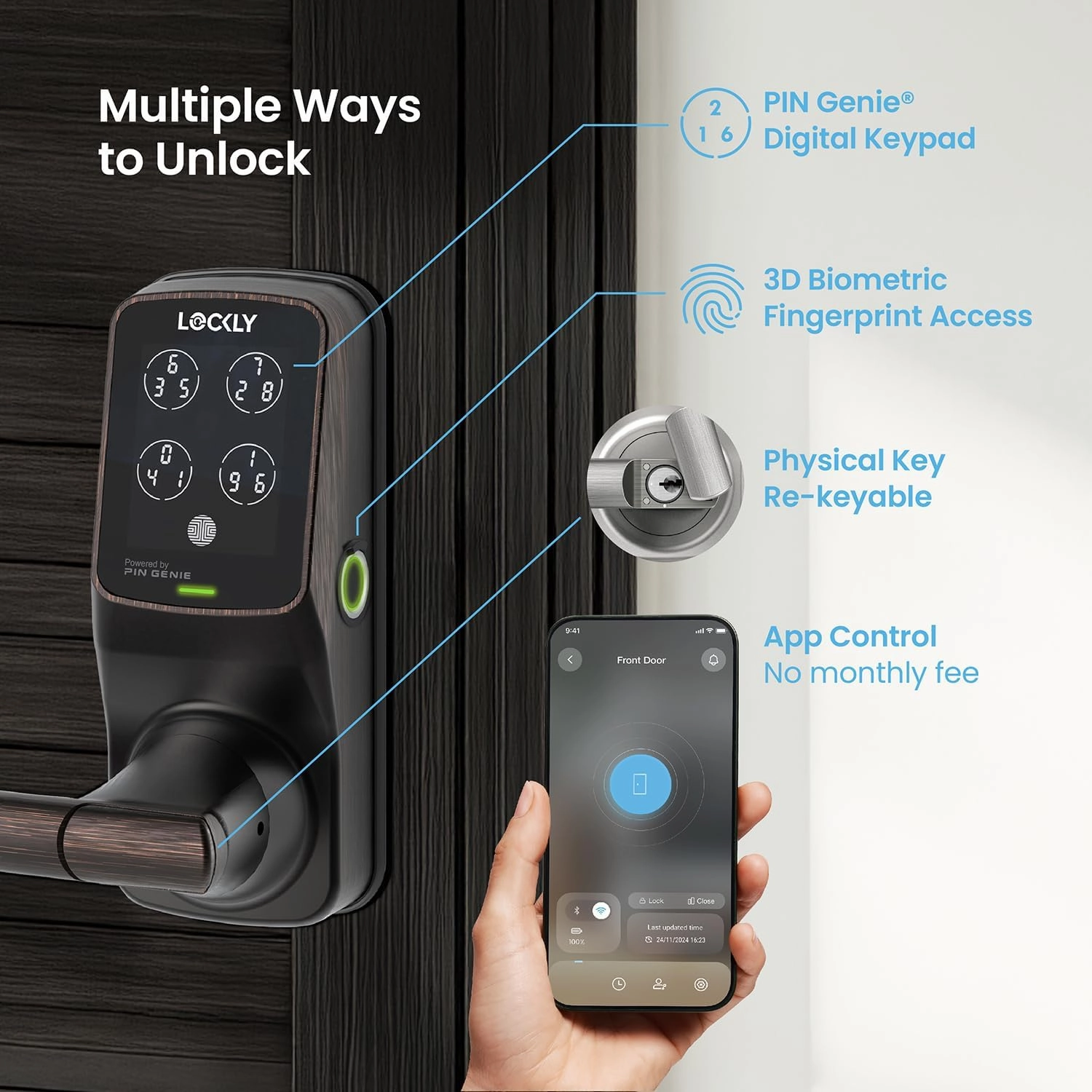 Lockly Secure Pro Smart Lock Wi-Fi, Keyless Entry Digital Keypad Door Lock, 3D Biometric Fingerprint Sensor Front Door Lock with Handle, Voice Control & Auto Lock - Latch Edition