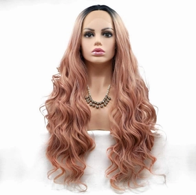 LONGTAP Wigs Bright Pink Long Hair Curly Hair Wig Ladies Handmade Lace European and Wig Set in The Wig Hair Sets