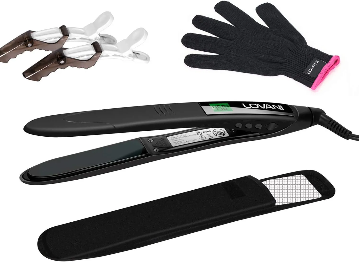LOVANI Titanium Flat Iron, 450F High Heat Hair Straightener with Digital LCD, Dual Voltage, Auto Shut Off, Heat Resistant Bag, Glove and 2 Hair Clips (7 Piece Set), Black