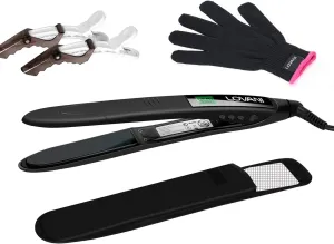 LOVANI Titanium Flat Iron, 450F High Heat Hair Straightener with Digital LCD, Dual Voltage, Auto Shut Off, Heat Resistant Bag, Glove and 2 Hair Clips (7 Piece Set), Black