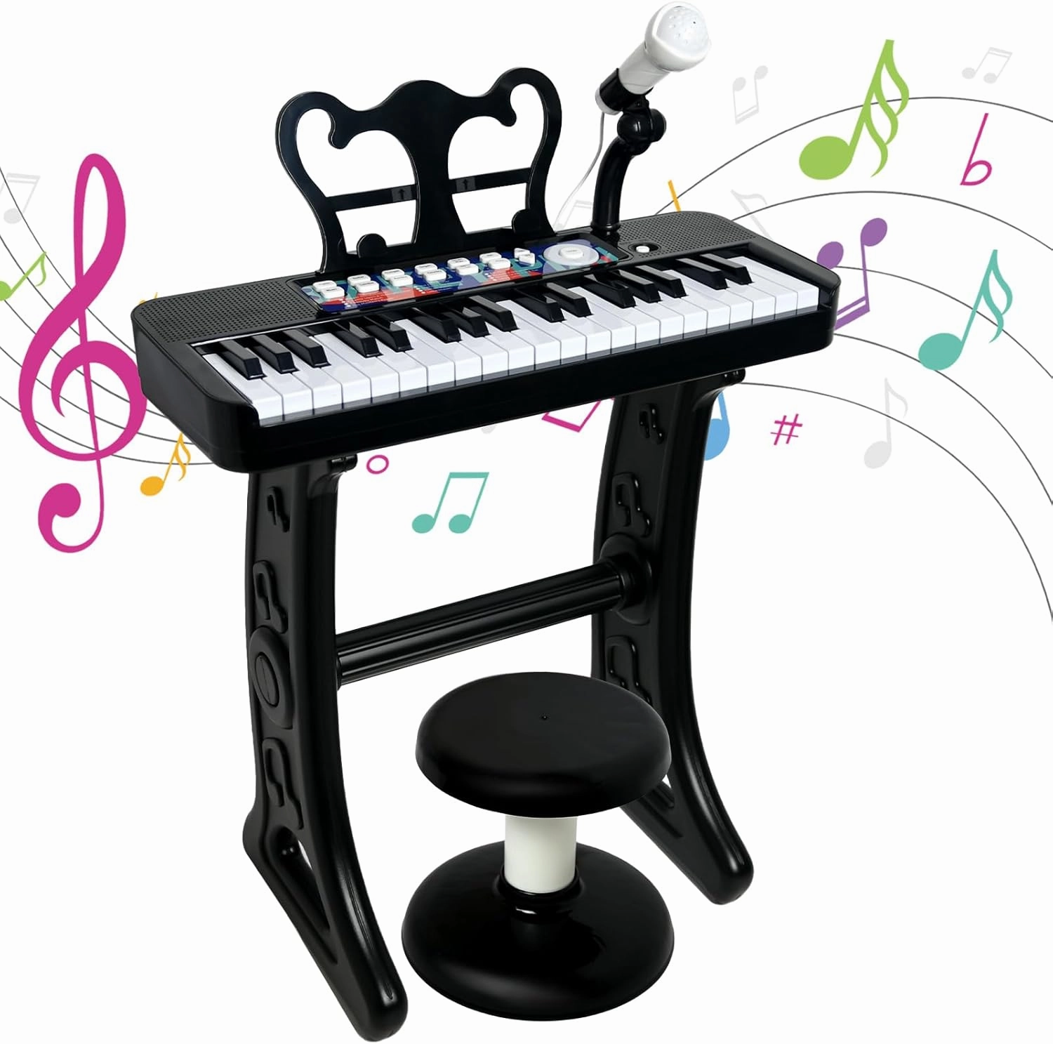 Love&Mini Piano Toy for Kids - 37 Keys Kids Piano Keyboard Toy with Stool and Microphone, Black Electronic Musical Instrument Birthday Gift for Kids 3 4 5 6 7 8 Years Old Boys and Girls