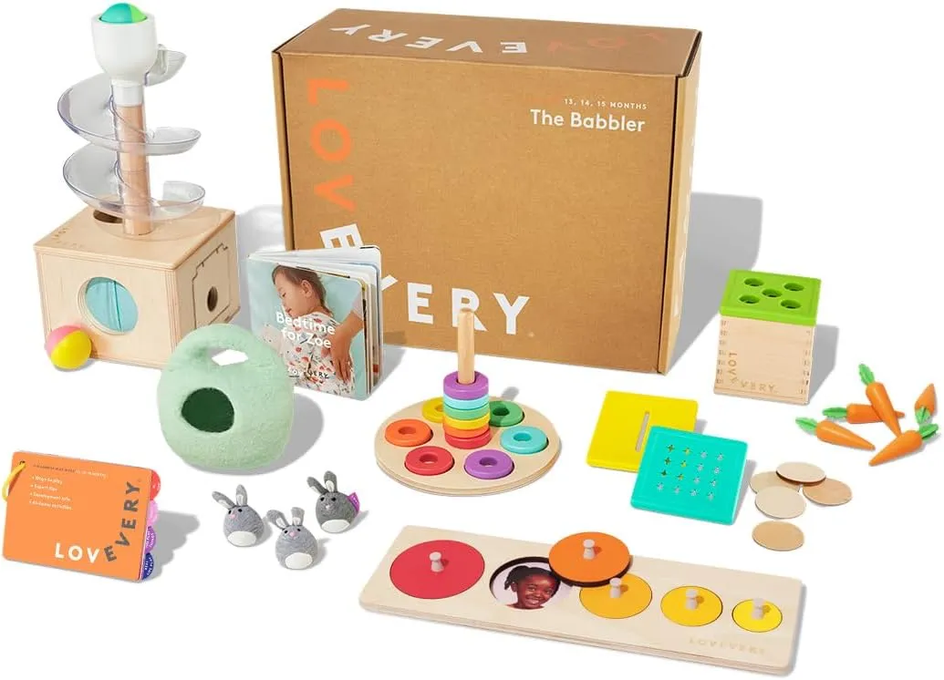Lovevery | The Babbler Play Kit, Birthday Play Kit, Montessori Toddler Toy, 8 Play Products, 1 Board Book, and Play Guide (Best Birthday Gift for 1 Year Old), Medium