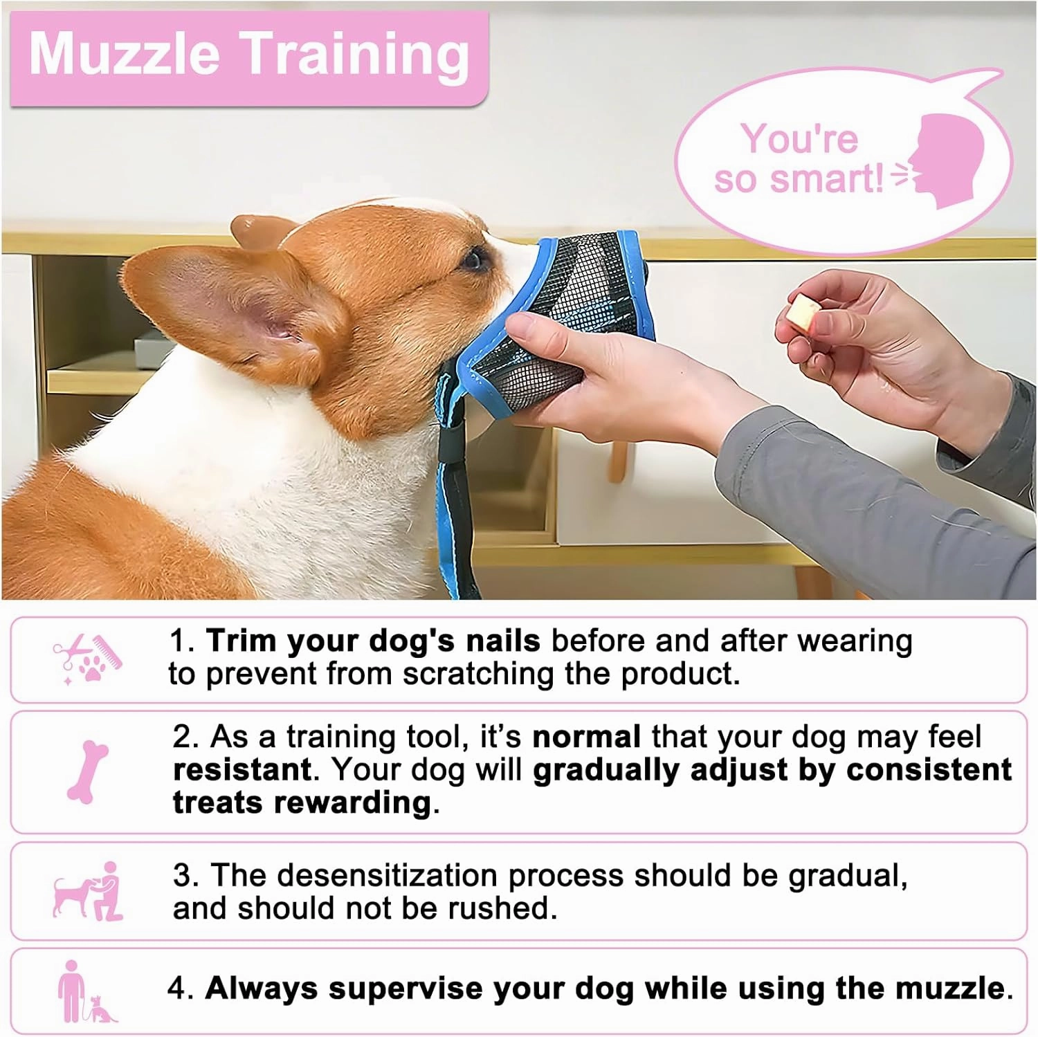 LUCKYPAW Dog Muzzle, Mesh Muzzle for Small Medium Dogs, Soft Mouth Cover to Prevent Biting Chewing, Drinkable Breathable Adjustable Puppy Mouth Guard(M(Snout: 5¼"-7"), Pink)