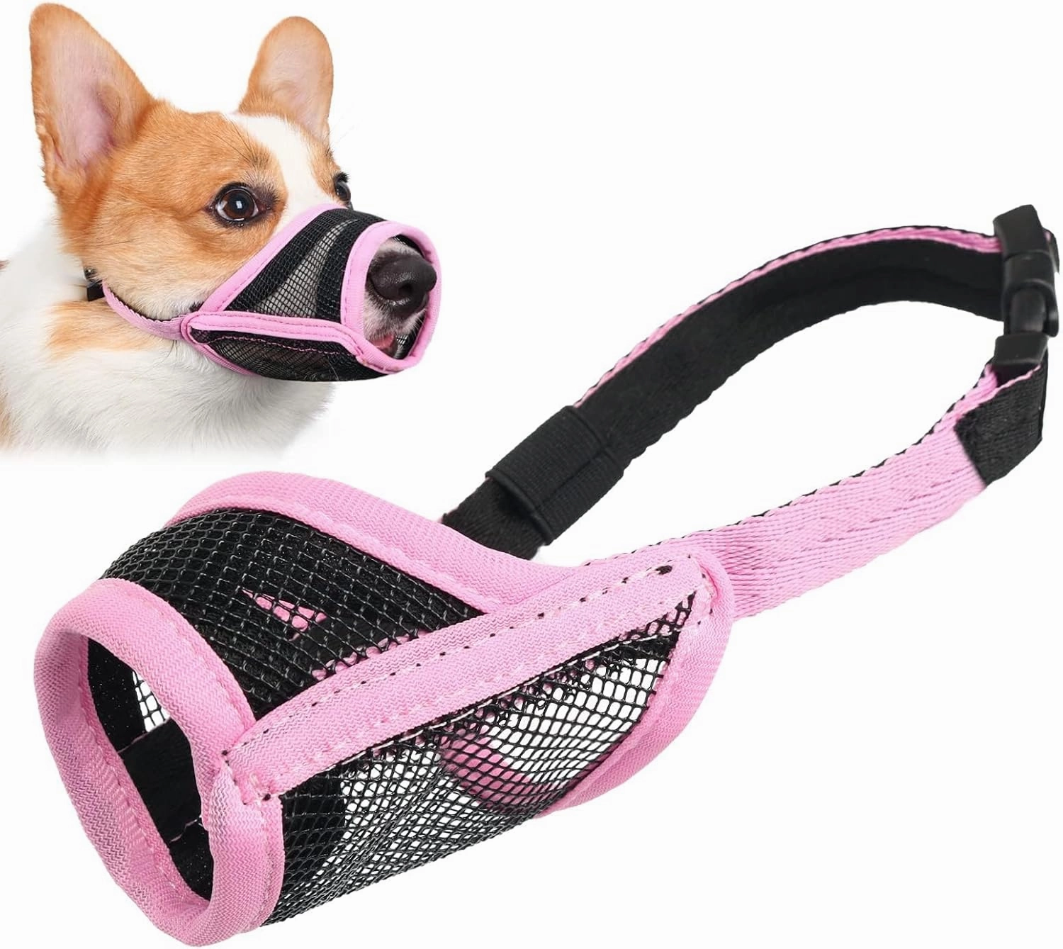 LUCKYPAW Dog Muzzle, Mesh Muzzle for Small Medium Dogs, Soft Mouth Cover to Prevent Biting Chewing, Drinkable Breathable Adjustable Puppy Mouth Guard(M(Snout: 5¼"-7"), Pink)