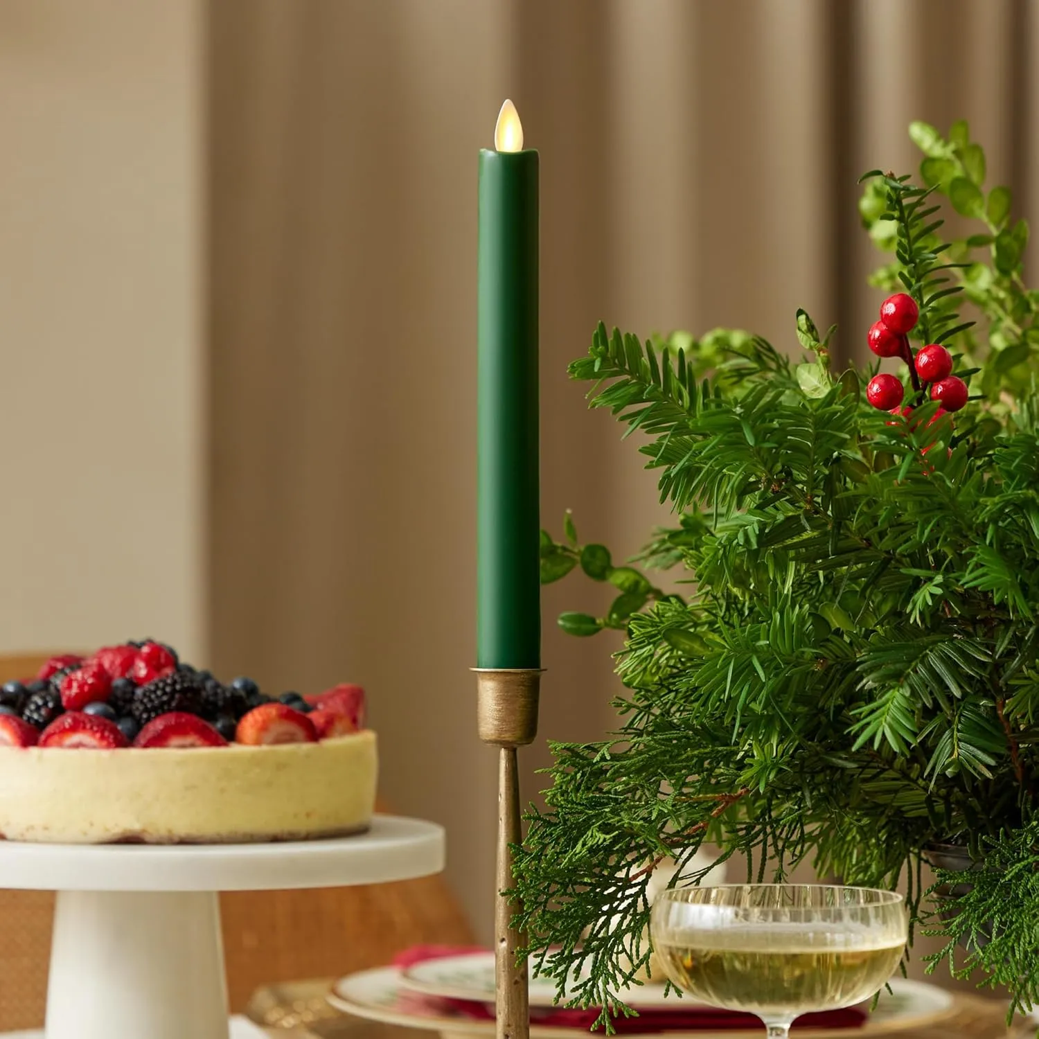 Luminara - Flameless Battery Operated Taper Candle - Holiday Green - Pack of 1-1x9.5 - LED Flickering Flame - Realistic Safe for Home Kids and Pets