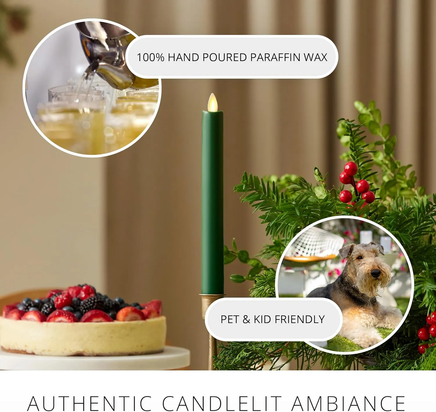 Luminara - Flameless Battery Operated Taper Candle - Holiday Green - Pack of 1-1x9.5 - LED Flickering Flame - Realistic Safe for Home Kids and Pets