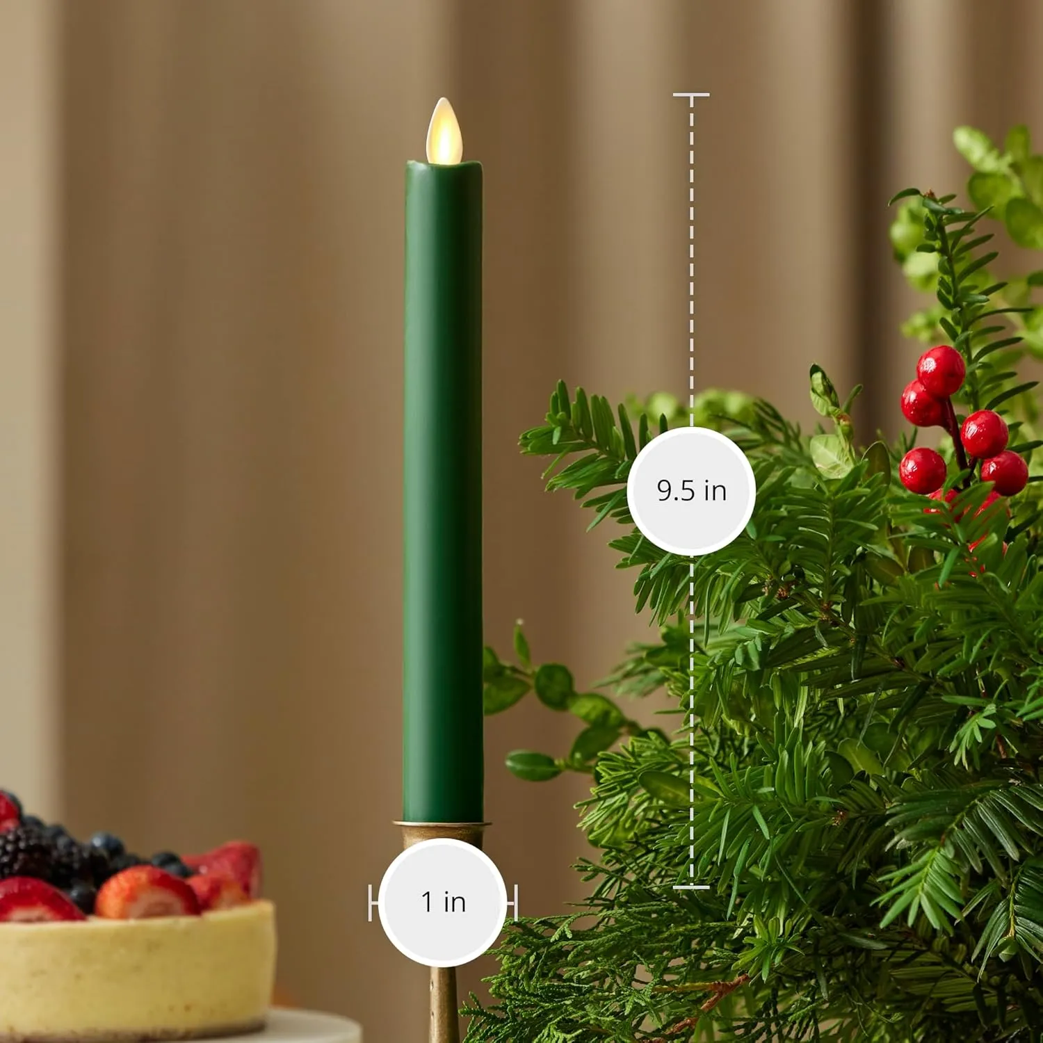 Luminara - Flameless Battery Operated Taper Candle - Holiday Green - Pack of 1-1x9.5 - LED Flickering Flame - Realistic Safe for Home Kids and Pets