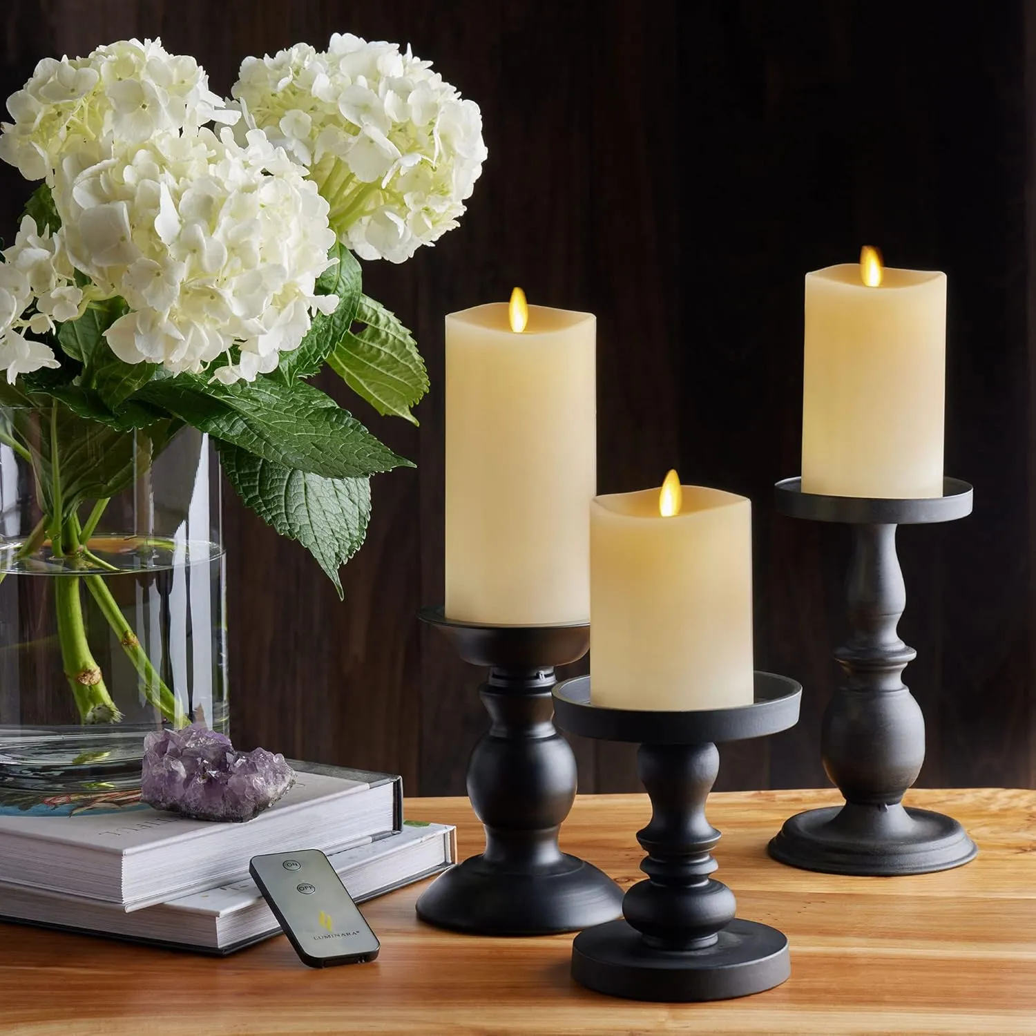 Luminara Realistic Flameless LED Candle Ivory Set of 3, Battery Operated with Remote Control, Moving Flame Pillar Timer Funtion Melted Top Safe