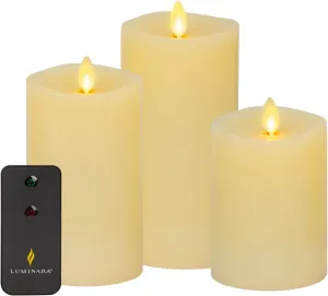 Luminara Realistic Flameless LED Candle Ivory Set of 3, Battery Operated with Remote Control, Moving Flame Pillar Timer Funtion Melted Top Safe