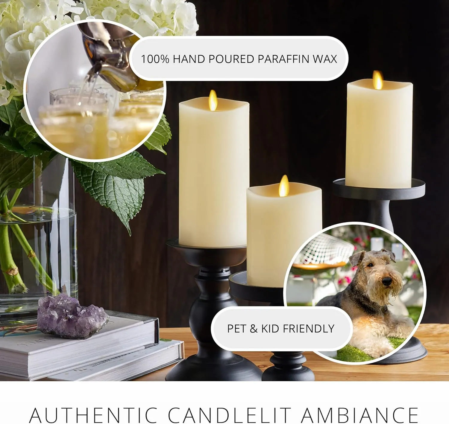 Luminara Realistic Flameless LED Candle Ivory Set of 3, Battery Operated with Remote Control, Moving Flame Pillar Timer Funtion Melted Top Safe