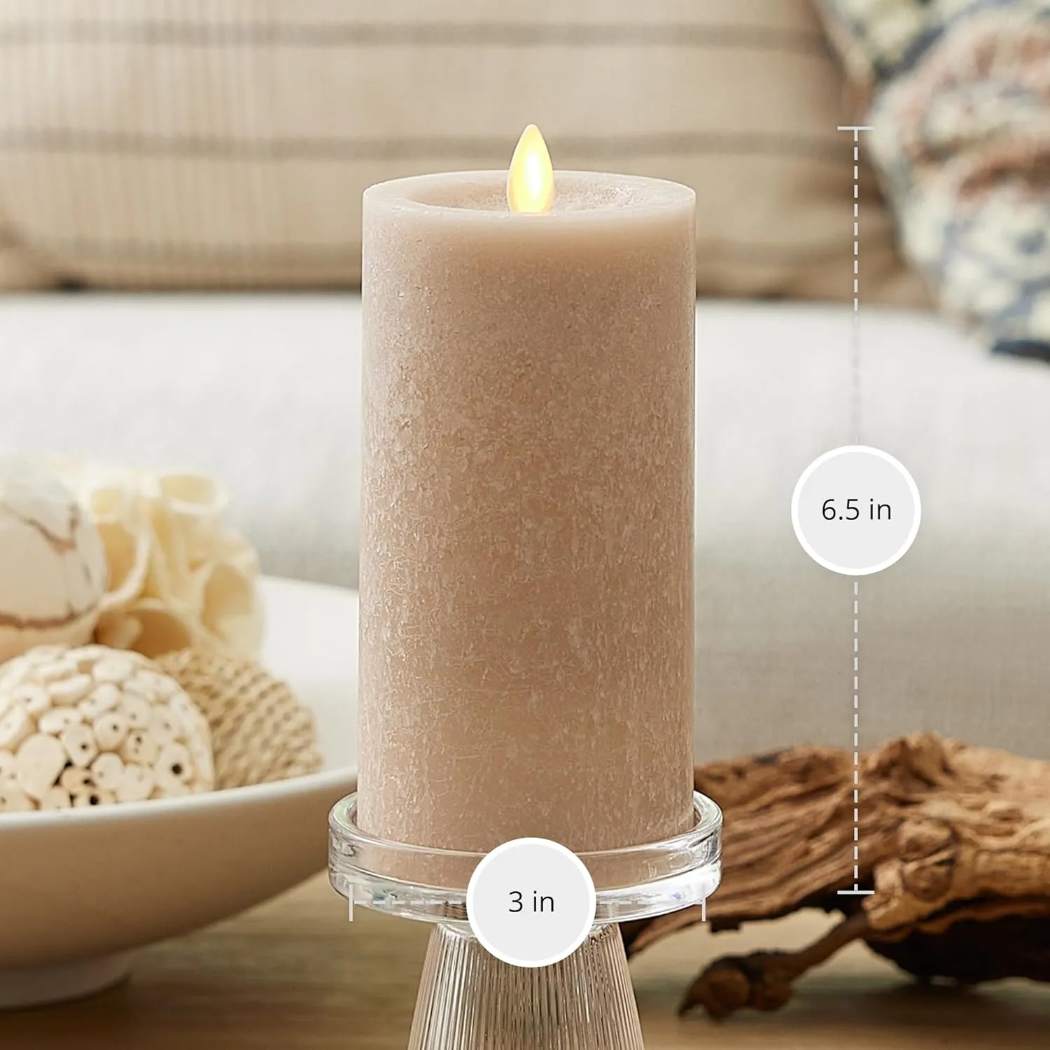 Luminara Sea Glass Flameless Candle, Timeless Taupe 3" x 6.5", Moving LED Flame Pillar with Timer, Battery Operated, Real Wax, Unscented Home Décor