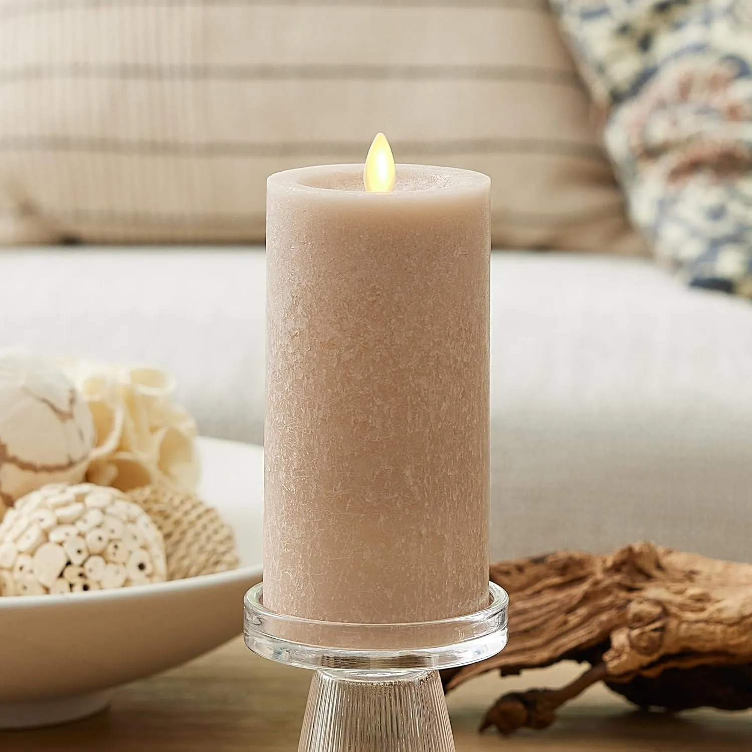 Luminara Sea Glass Flameless Candle, Timeless Taupe 3" x 6.5", Moving LED Flame Pillar with Timer, Battery Operated, Real Wax, Unscented Home Décor